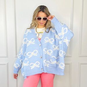 BUCKETLIST Light Blue and Cream Bow Cardigan